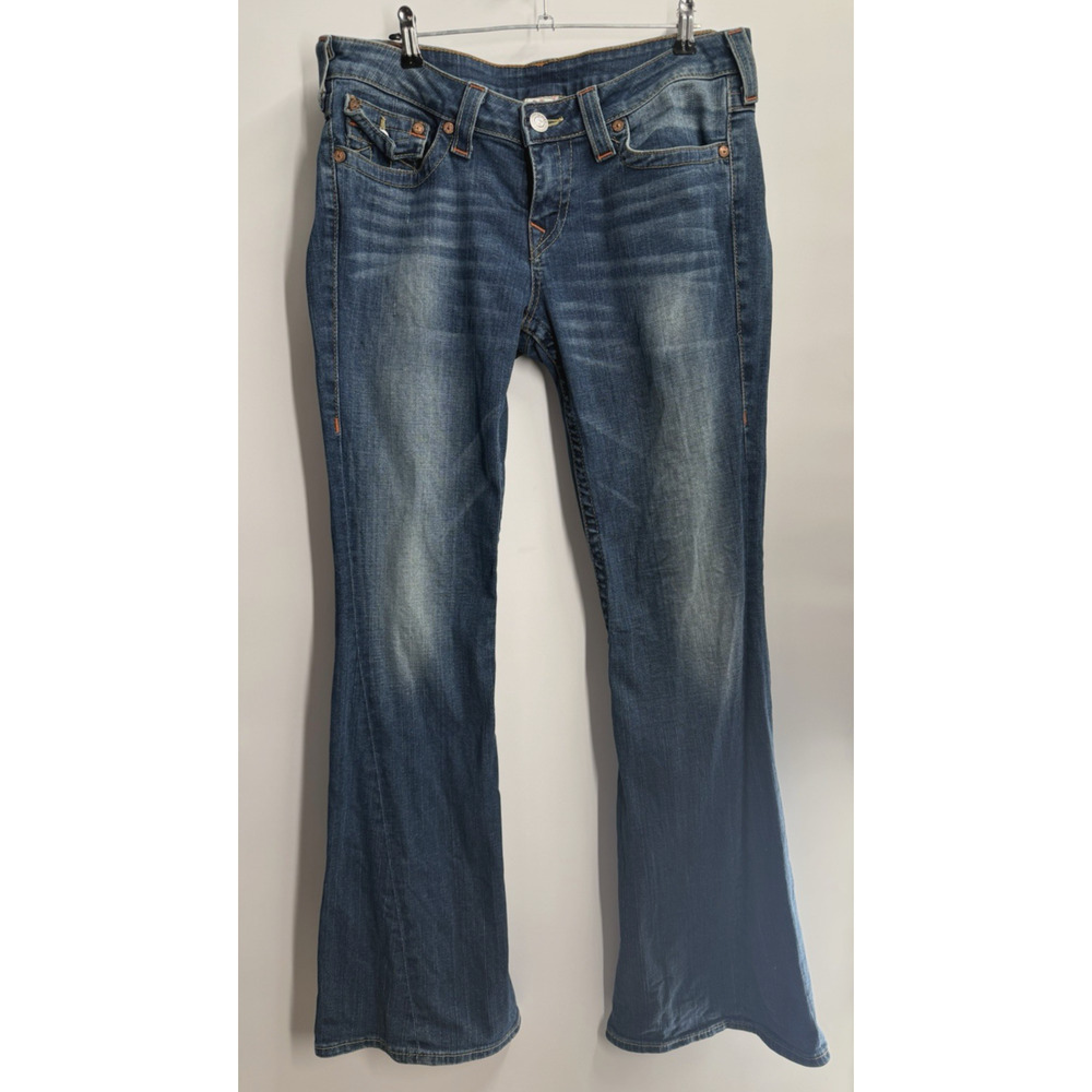 True Religion Jeans Womens Blue Joey Low Rise Flare Flap Pocket Sz-32, 33"Inseam
